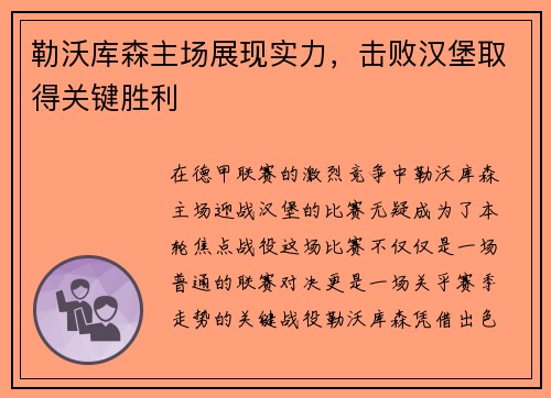 勒沃库森主场展现实力，击败汉堡取得关键胜利