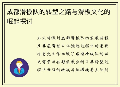 成都滑板队的转型之路与滑板文化的崛起探讨